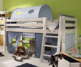 Bett halbhoch 210x117x123cm mit Schrägleiter Tunnelzelt und Vorhang Kiefer massiv weiß lasiert Bett halbhoch 210x117x123cm mit Schrägleiter Tunnelzelt und Vorhang Kiefer massiv weiß lasiert
