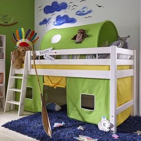 Bett halbhoch 210x117x123cm mit Schrägleiter Tunnelzelt und Vorhang Kiefer massiv weiß lasiert Bett halbhoch 210x117x123cm mit Schrägleiter Tunnelzelt und Vorhang Kiefer massiv weiß lasiert