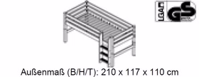 Bett halbhoch 210x117x110cm mit Leiter und Holzelement Kiefer massiv weiß lasiert / Multicolor Bett halbhoch 210x117x110cm mit Leiter und Holzelement Kiefer massiv weiß lasiert / Multicolor