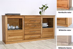 Massivholz Sideboard mit Glastüren PALERMO 172x82x45cm Kernbuche,Wildeiche massiv natur oder Bianco geölt