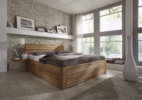 Schubladenbett 140x200x45cm Beine 3 Komforthöhe Kopfteil 1 mit 2 schubladen Eiche massiv natur geölt Casa de mobila Goslar