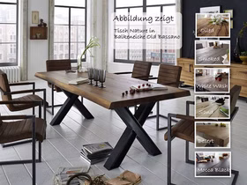Bodahl Tisch Nature im Industrie Look esszimmertisch mit baumkante und untergestell aus schwarzstahl mit x-beinen