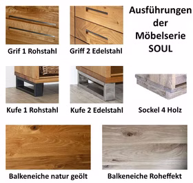 Highboard links 75x134x42cm SOUL Balkeneiche massiv geölt Soul holzmuster griffe und metallbeine oder holzbeine Casa de mobila Goslar
