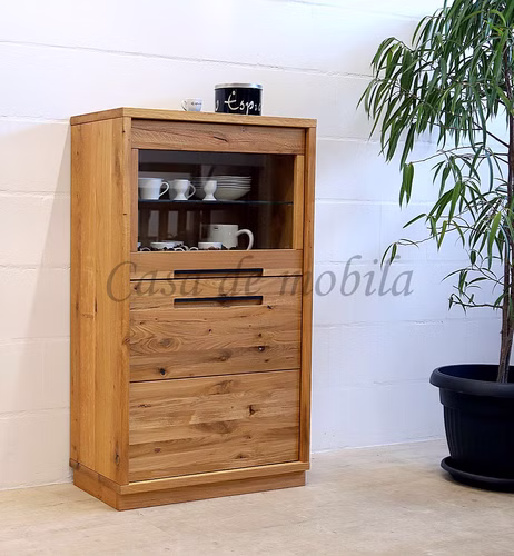 Vitrine rechts mit metallbeine SOUL 75x134x42cm Balkeneiche massiv natur geölt oder Roheffekt Casa de mobila Goslar
