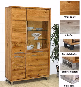 Vitrine mit metallbeine edelstahl SOUL 113x195x42cm Rustikale Balkeneiche massiv geölt Casademobila Goslar