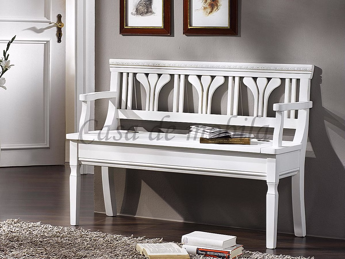 Sitzbank mit Lehne 118x85x47cm VICTORIA Fichte massiv Sitzbank mit Lehne VICTORIA Landhaus 118x85x47cm Fichte massiv weiß shabby chic lackiert Casa de mobila Goslar
