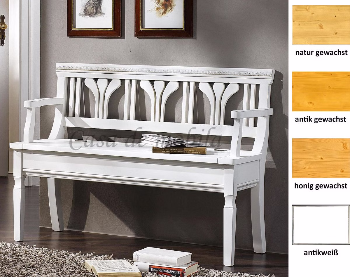 Sitzbank mit Lehne 118x85x47cm VICTORIA Fichte massiv Kleine Bank mit Lehne VICTORIA Landhaus 118x85x47cm Fichte massiv antik, natur oder honig gewachst oder lackiert