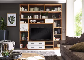 Wohnwand-regal 223x238x46cm CONTRA Massivholz 2farbig Regalwand mit tv fach 223x238x46cm, Kernbuche massiv geölt / schubladen weiß lackiert bei Casademobila Goslar