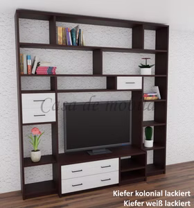 Wohnwand-regal 223x238x46cm CONTRA Massivholz 2farbig TV-Regalwand 223x238x46cm CONTRA Kiefer massiv dunkelbraun kolonial lackiert / weiß lackiert bei Casademobila Goslar
