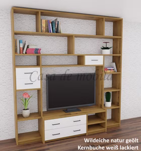 Wohnwand-regal 223x238x46cm CONTRA Massivholz 2farbig Schrankwand-regal 223x238x46cm CONTRA Wildeiche massiv natur geölt / Kernbuche weiß lackiert bei Casademobila Goslar