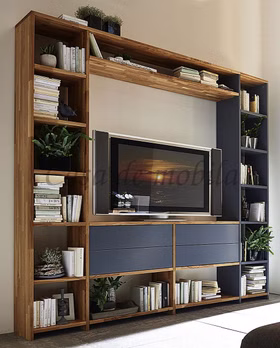 Massivholz Fernseher regal wand CONTRA 265x238x33cm Wildeiche massiv natur geölt buche grau lackiert Casa de mobila Goslar