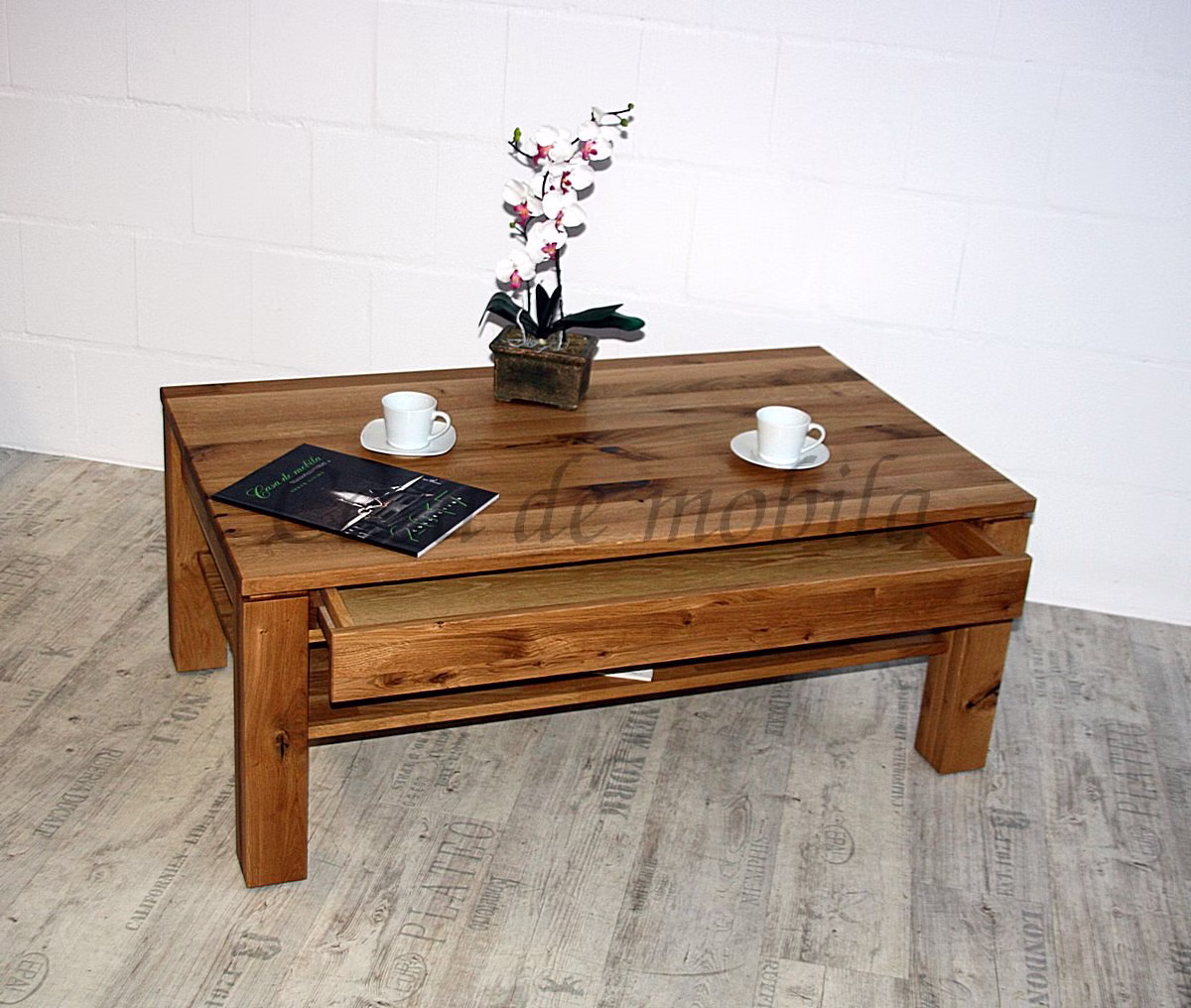 Couchtisch mit Schublade MÜNSTERLAND Ureiche massiv natur geölt Couchtisch MÜNSTERLAND mit Schublade und Ablageboden Massivholz Ureiche massiv natur geölt