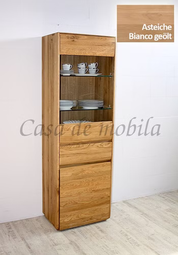 Vitrine 62x191x42cm NYON rustikale Asteiche Bianco geölt Hochschrank gerundete Form Vitrine 62x191x42cm NYON rustikale Asteiche Bianco geölt Hochschrank gerundete Form