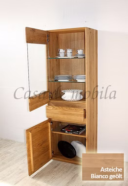 Vitrine 62x191x42cm NYON rustikale Asteiche Bianco geölt Hochschrank gerundete Form