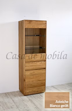 Vitrine 62x191x42cm NYON rustikale Asteiche Bianco geölt Hochschrank gerundete Form