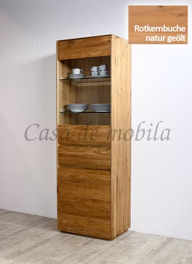 Vitrine 62x191x42cm NYON Rotkernbuche natur geölt Hochschrank gerundete Form Vitrine 62x191x42cm NYON Rotkernbuche natur geölt Hochschrank gerundete Form
