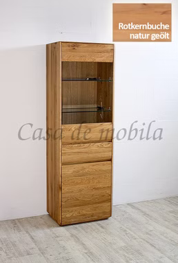 Vitrine 62x191x42cm NYON Rotkernbuche natur geölt Hochschrank gerundete Form Vitrine 62x191x42cm NYON Rotkernbuche natur geölt Hochschrank gerundete Form