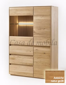 Massivholz Geschirrschrank mit schubladen und glastür rechts NYON 100x151x42cm rustikale Asteiche natur geölt abgerundete Kanten Casa de mobila Goslar