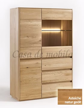 Massivholz Highboard mit schubladen und glastür rechts NYON 100x151x42cm rustikale Asteiche natur geölt abgerundete Kanten Casa de mobila Goslar