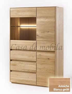 Highboard 100x151x42cm NYON rustikale Asteiche Bianco geölt Vitrine gerundete Form