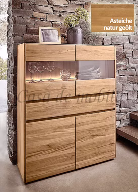Highboard 120x151x42cm NYON rustikale Asteiche natur geölt Vitrine gerundete Form Highboard 120x151x42cm NYON rustikale Asteiche natur geölt Vitrine gerundete Form