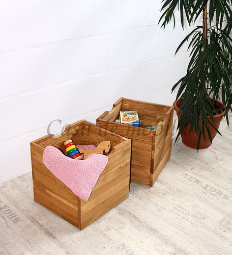 Spielzeugkiste holz mit Rollen 2er Set auf Rollen GOMMA 38x37x36cm Wildeiche massiv natur geölt Casa de mobila Goslar