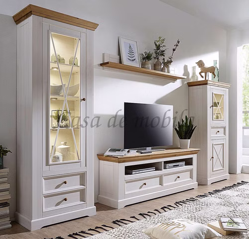 Wohnwand 4teilig 327x214x42cm FLAIR Kiefer weiß eichefarben geölt Massivholz Schrankwand Set FLAIR 4teilig Kiefer massiv Landhaus weiß eichefarben Casa de mobila Goslar