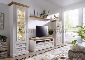 Wohnwand 4teilig 327x214x42cm FLAIR Kiefer weiß eichefarben geölt Massivholz Anbauwand Set komplett 4teilig FLAIR Kiefer massiv Landhaus weiß eichefarben Casa de mobila Goslar