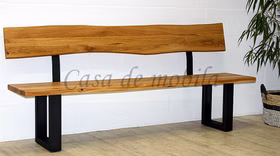Küchenbank mit baumkante 200x92x49cm ZINGST Rückenlehne Wildeiche massiv geölt metallbeine schwarz Casa de mobila Goslar