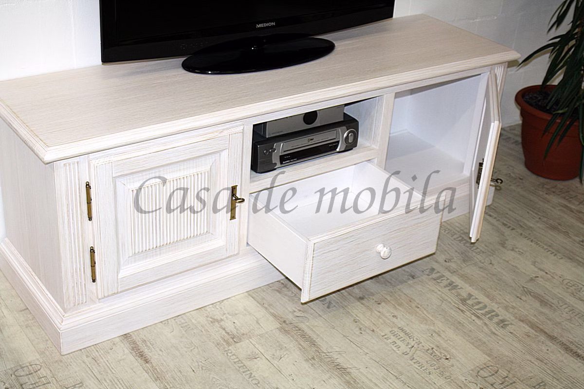 Spanische Landhaus TV-Kommode 160x57x45cm PINEA Pinie massiv weiß gebürstet