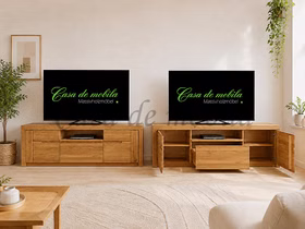 tv-lowboard-breit-horizont-eiche-massiv-natur-geölt Zwei TV-Lowboards aus massiver, natur geölter Eiche im Wohnambiente, geschlossen und geöffnet
