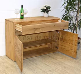 Massivholz schrank mit Beleuchtung OKER 123x86x44cm Wildeiche massiv natur geölt Casa de mobila Goslar