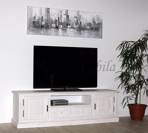 Massivholz TV-kommode breit 190x57x45cm PINEA Pinie massiv weiß gebürstet Casa de mobila Goslar
