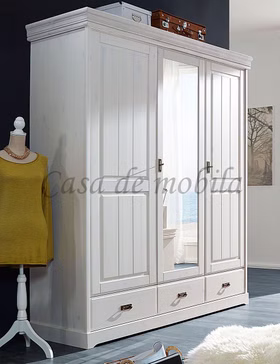 Massivholz Garderobenschrank mit Spiegel Neapel Landhaus 192x217x62cm Kiefer massiv weiß casademobila Goslar