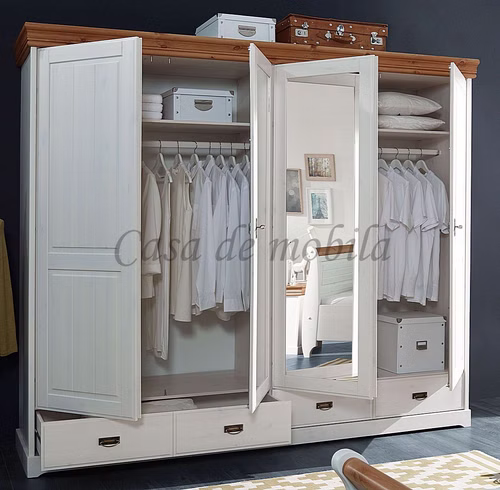 drehtüren kleiderschrank mit spiegel NEAPEL 4türig 255x217x62cm Kiefer massiv weiß honigfarben lackiert Casa de mobila Goslar
