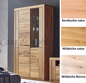 Vitrine 115x203x40cm SKYLINE Kernbuche oder Wildeiche massiv natur oder Bianco geölt