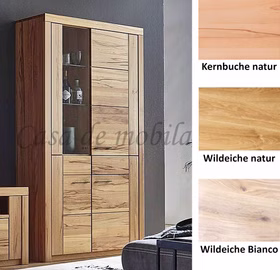 Vitrine 115x203x40cm SKYLINE Kernbuche oder Wildeiche massiv natur oder Bianco geölt Vitrinenschrank SKYLINE 4-türig 115x203x40 cm Kernbuche, Wildeiche massiv geölt Bügelgriffe Casa de mobila Goslar