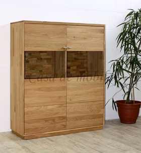 Massivholz Esszimmerschrank mit Glastüren 109x131x40cm ALEX Wildeiche massiv natur geölt Casa de mobila Goslar