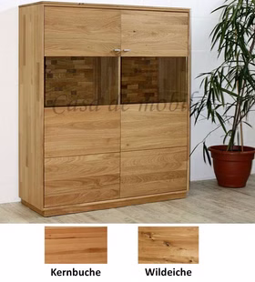 Massivholz Highboard mit Glastüren 109x131x40cm ALEX Kernbuche oder Wildeiche massiv natur geölt Casa de mobila Goslar