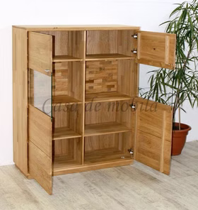 Massivholz Highboard mit Glastüren 109x131x40cm ALEX Wildeiche massiv natur geölt Casa de mobila Goslar