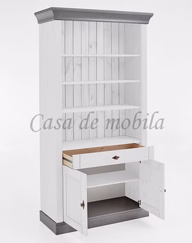 Massivholz Standregal mit türen und schublade 108x202x45cm BERGEN Kiefer massiv weiß grau lasiert, 132 wss/gra Casa de mobila Goslar