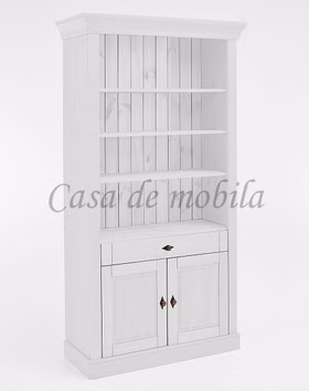 Massivholz Bücherregal mit türen und schublade 108x202x45cm BERGEN Kiefer massiv weiß lasiert, 132 wss/wss Casa de mobila Goslar