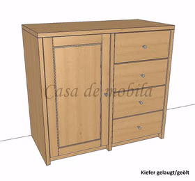 Kommode-4-schubladen-1-holztuer-kiefer-massiv-contra Massive kiefernholz-kommode contra mit 4 schubladen und einer Hoztür, gelaugt und geölt, Maße 92x84x46 cm.
