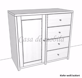 schrank-4-schubladen-1-holztuer-kiefer-massiv-contra Massive kiefernholz-kommode contra mit 4 schubladen und einer Hoztür, weiß lackiert, Maße 92x84x46 cm.