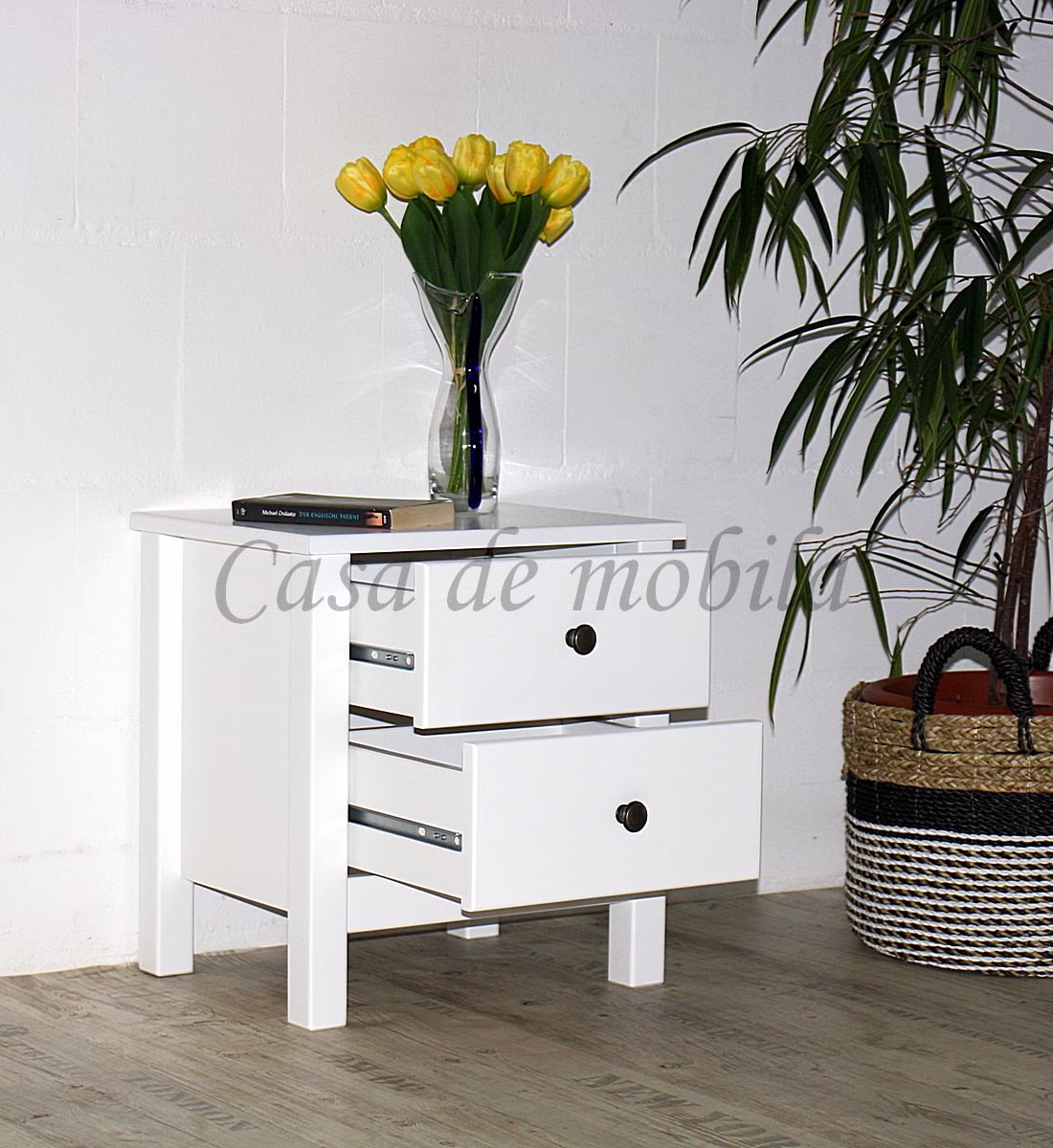 Massivholz Nachtschrank 46x65x36cm ANTON Kernbuche massiv weiss lackiert casademobila