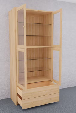 Innenansicht des CONTRA Massivholzschranks mit 4 verstellbaren Glasböden.