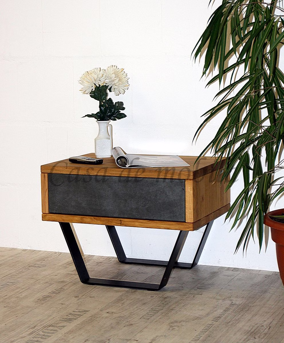 Massivholz Nachttisch mit schublade Leder anthrazit und metallbeine MODERN SLEEP 56x43x40cm Wildeiche massiv natur geölt Casa de mobila Goslar