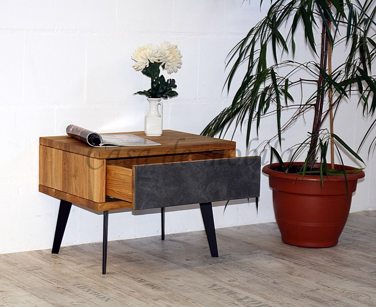 Massivholz Nachtkommode mit schublade Leder anthrazit und schmalen Metallfüßen MODERN SLEEP 56x43x40cm Wildeiche massiv natur geölt Casa de mobila Goslar Massivholz Nachtkommode mit schublade Leder anthrazit und schmalen Metallfüßen MODERN SLEEP 56x43x40cm Wildeiche massiv natur geölt Casa de mobila Goslar