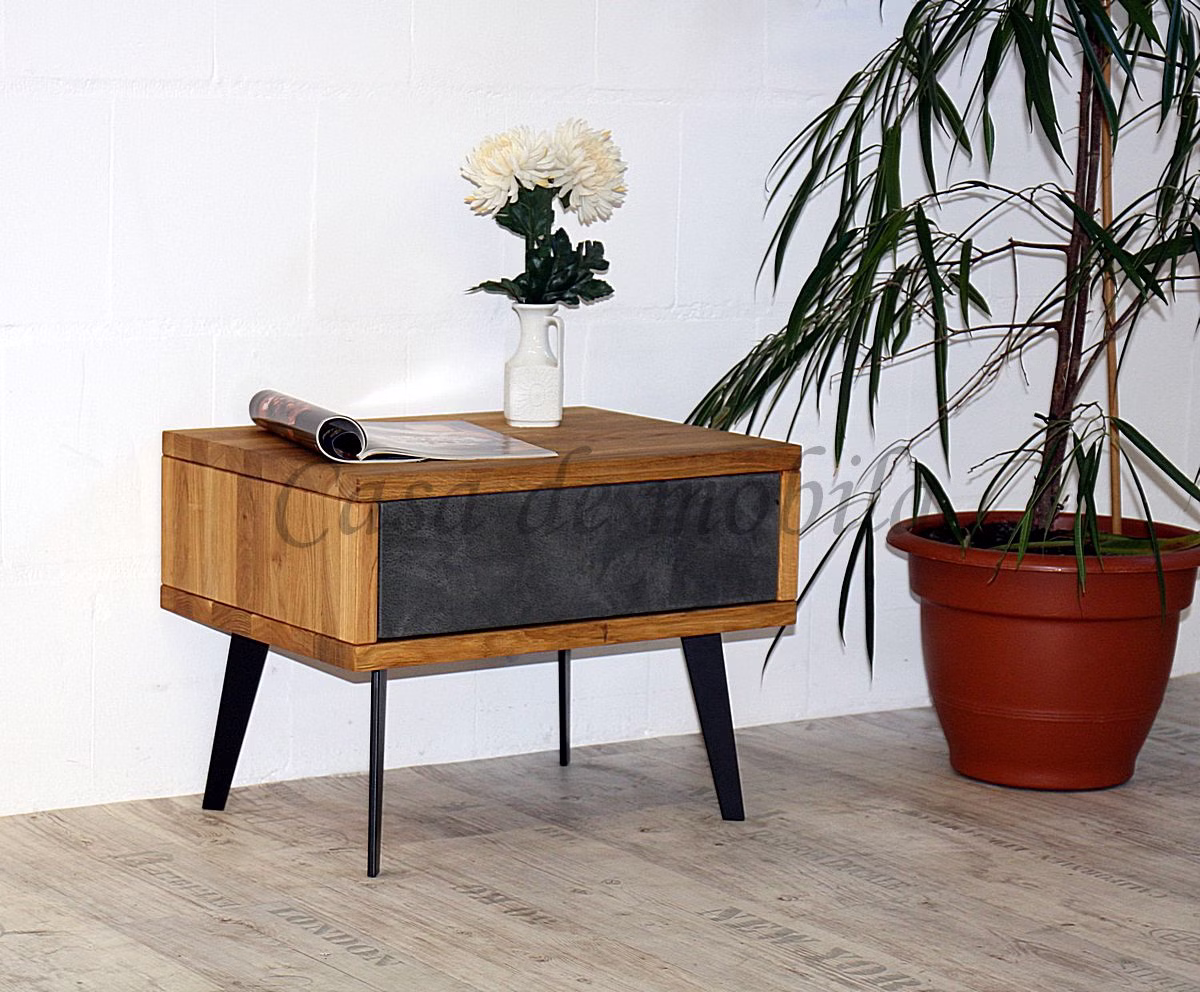 Massivholz Nachtkommode mit schublade Leder anthrazit und schmalen Metallbeine MODERN SLEEP 56x43x40cm Wildeiche massiv natur geölt Casa de mobila Goslar Massivholz Nachtkommode mit schublade Leder anthrazit und schmalen Metallbeine MODERN SLEEP 56x43x40cm Wildeiche massiv natur geölt Casa de mobila Goslar