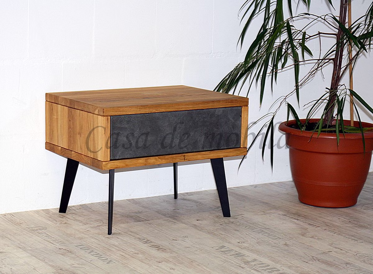 Massivholz Nachttisch mit schublade Leder anthrazit und schmalen Metallbeine MODERN SLEEP 56x43x40cm Wildeiche massiv natur geölt Casa de mobila Goslar Massivholz Nachttisch mit schublade Leder anthrazit und schmalen Metallbeine MODERN SLEEP 56x43x40cm Wildeiche massiv natur geölt Casa de mobila Goslar